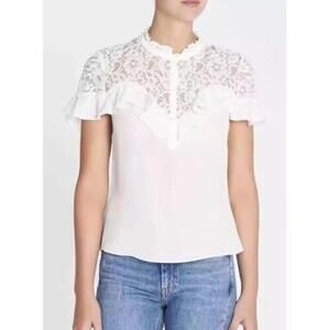 REBECCA TAYLOR Women’s Silk and Lace Ruffle Top in Snow-Size 6
